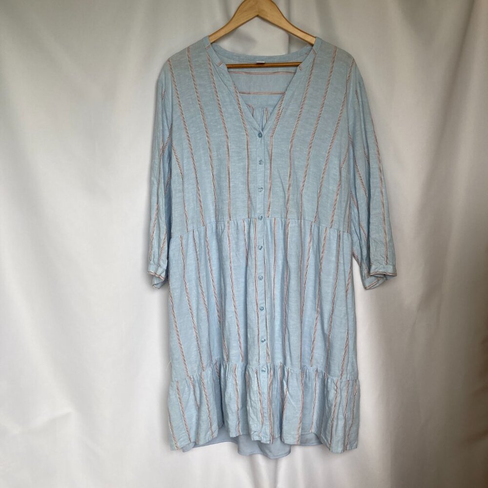 Old Navy Blue Stripe Linen Blend Tiered Midi Dress Relaxed Fit Size XXL EUC